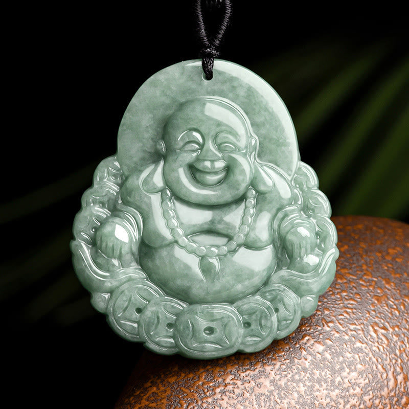 Laughing Buddha Natural Jade Abundance Necklace – Lush green jade Hotei pendant on silk cord, wealth attraction jewelry