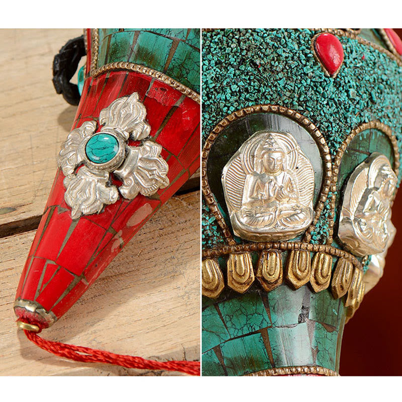 Turquoise Shankha Conch – paired with turquoise mala on blue silk, coordinated Tibetan meditation set