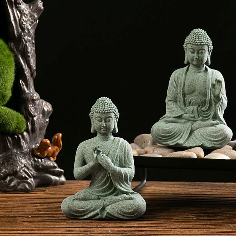 Green Sandstone Buddha Statue – Two Buddhas in namaste and abhaya poses, layered display