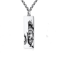 Tathagata Buddha Copper Amulet Necklace – polished silver-tone Buddha pendant on silver chain white background, front-view