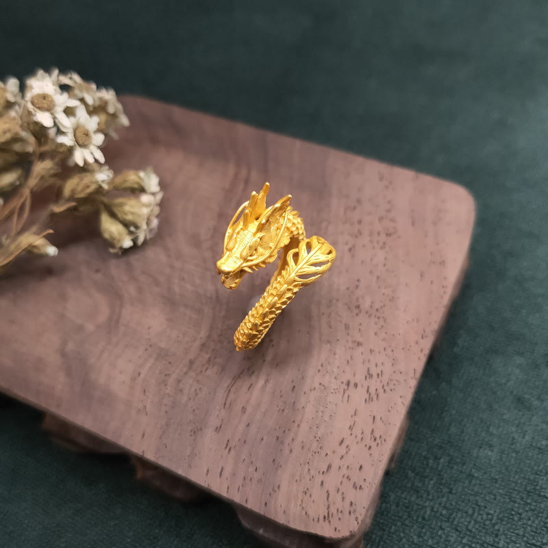 Golden Dragon Success Strength Ring - dragon tail with feathered finial and open band, strength jewelry