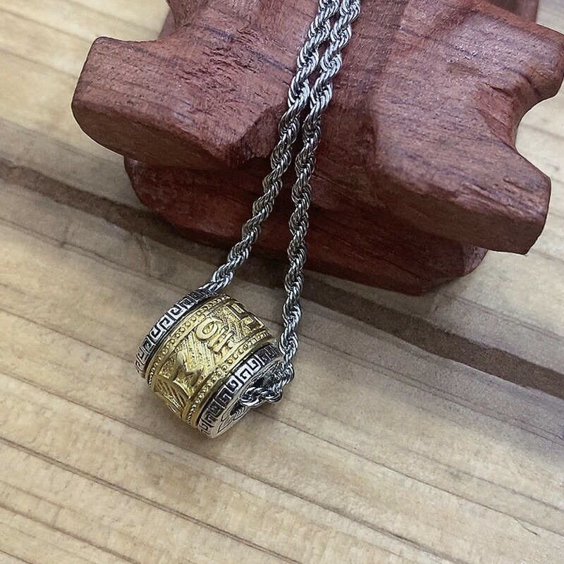 Tibetan Om Mani Padme Hum Pendant - Gold and silver prayer wheel on wooden stand, Tibetan mantra bead necklace