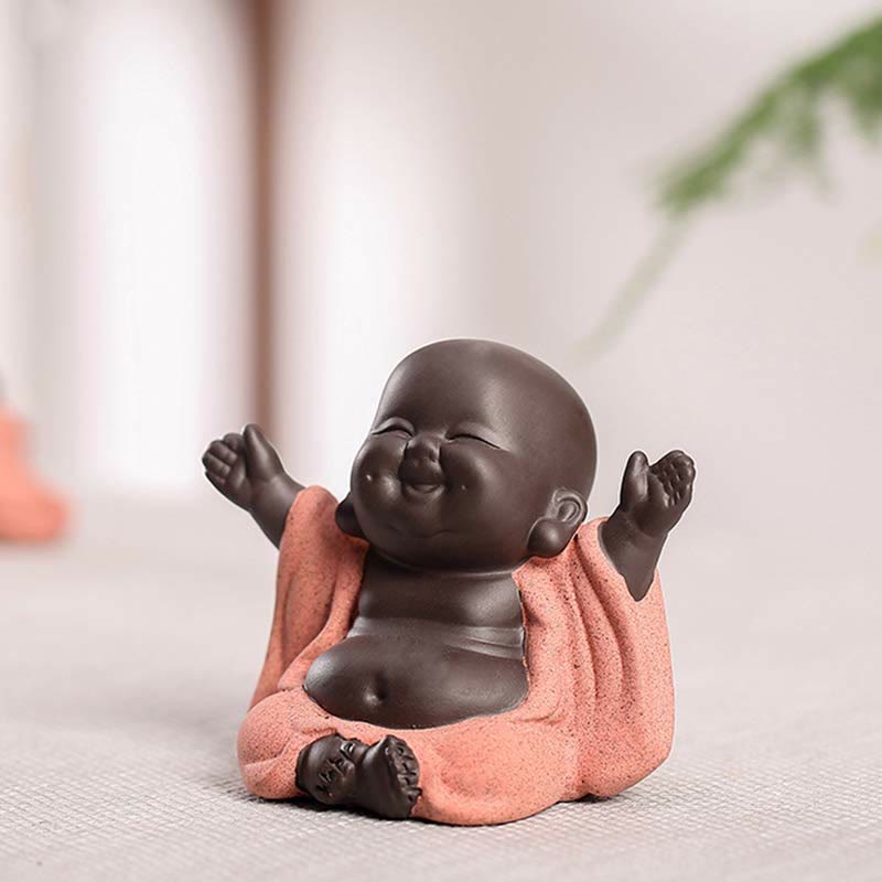 Laughing Buddha Purple Clay Maitreya Statue – front view of joyful Buddha with polished chocolate-brown finish and rough terracotta robe, prosperity accent