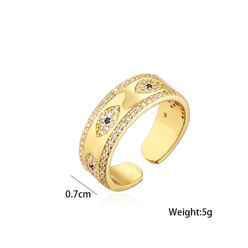 Gold Evil Eye Open Ring 0.7cm Wide 5g with Triple Eye Pavé Design, Adjustable Blessing