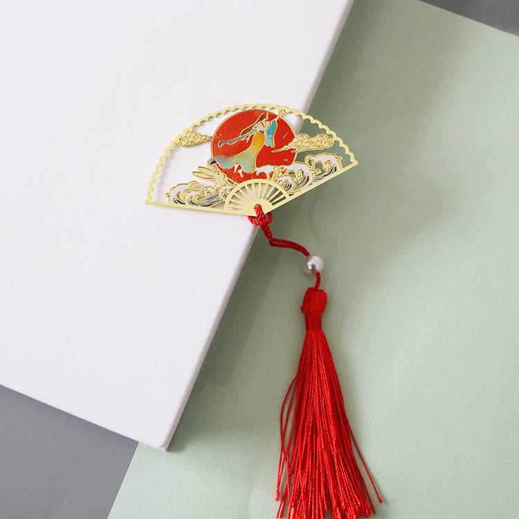 Brass Hollow Fan Bookmark - Celestial figure and wave cutout with red silk tassel, mystical