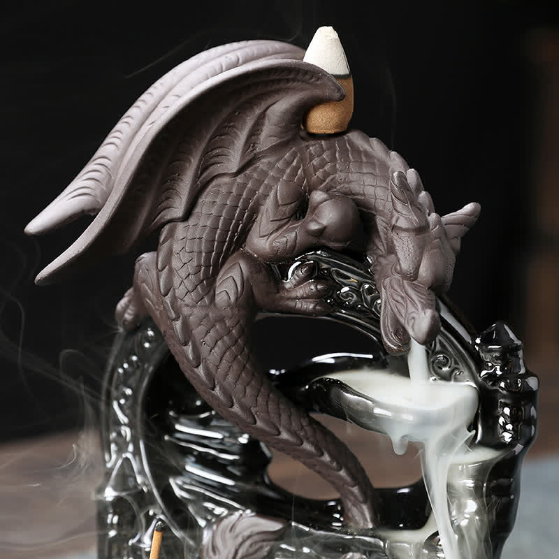 Ceramic Dragon Incense Burner – winged dragon breathing white smoke waterfall, dark moody lighting