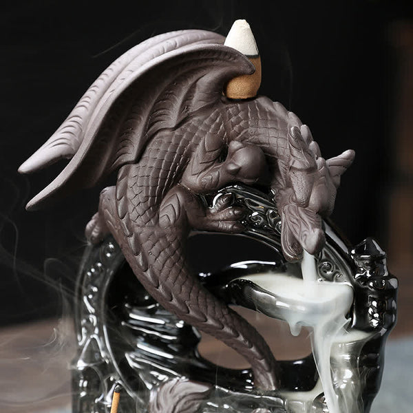 Ceramic Dragon Incense Burner – winged dragon breathing white smoke waterfall, dark moody lighting