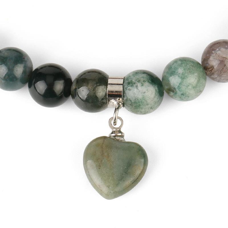 Natural Multi-Stone Love Heart Healing Bracelet - Green moss agate bracelet close-up with heart charm, natural dendritic stone patterns, and silver hardware