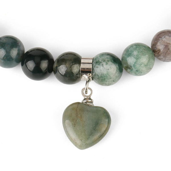 Natural Multi-Stone Love Heart Healing Bracelet - Green moss agate bracelet close-up with heart charm, natural dendritic stone patterns, and silver hardware