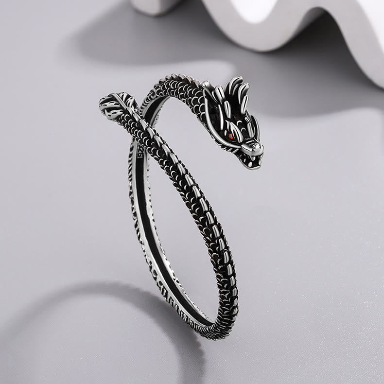 Dragon Scales Pattern Protection Bracelet Bangle - Open cuff 3D scales dragon head, Sculptural Silver
