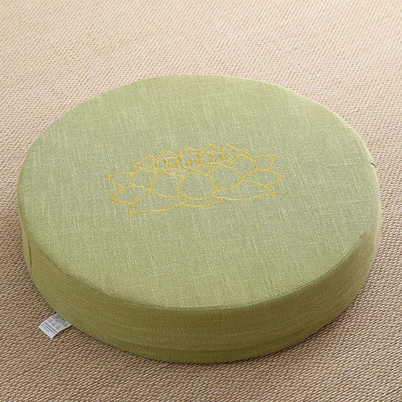 Sage Green Lotus Zafu - Gold embroidered lotus on olive linen meditation cushion, natural