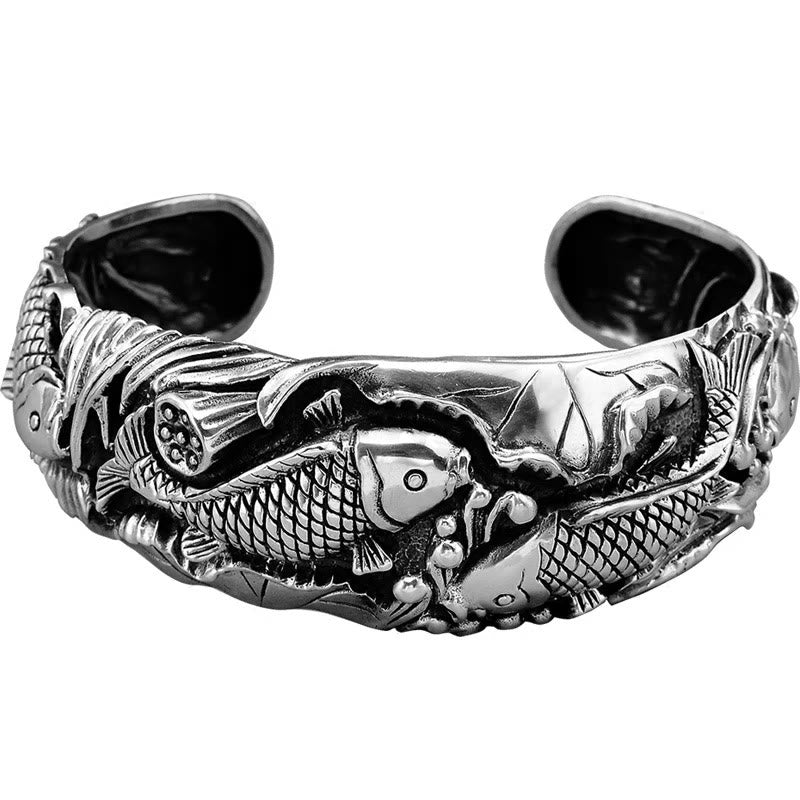 Koi Lotus Luck Bracelet – Display on velvet jewelry stand with complementary ring, Chinese wealth jewelry