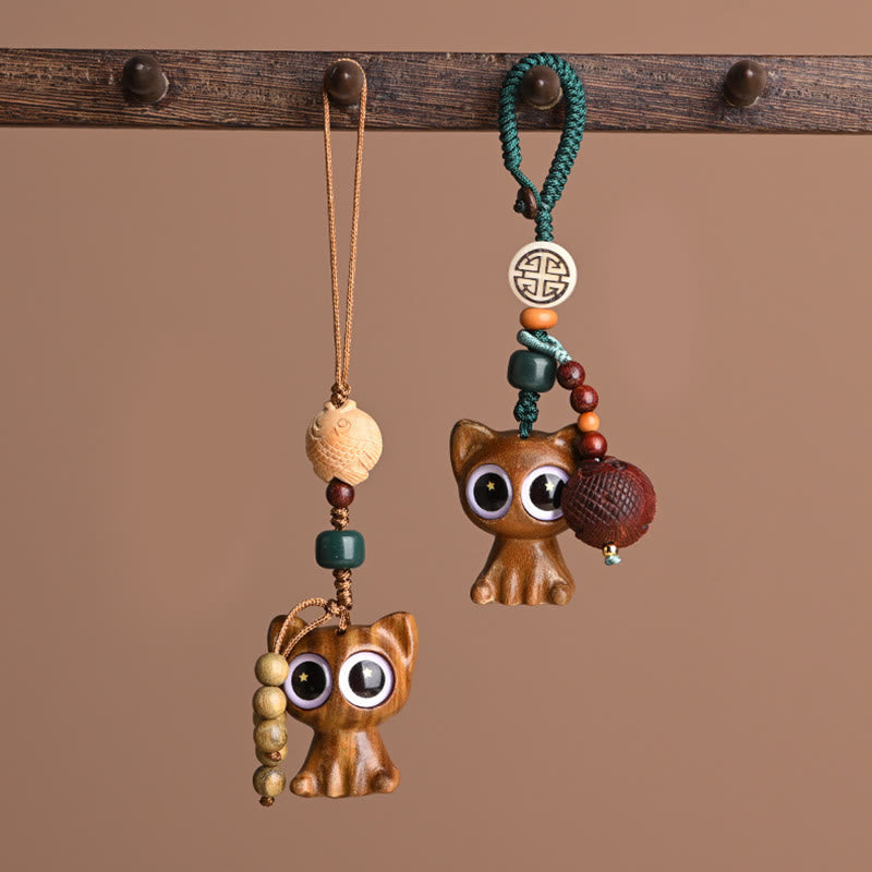 Green Sandalwood Phone Charm – 45-degree angle, lucky cat carving, koi fish detail