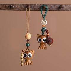 Green Sandalwood Phone Charm – 45-degree angle, lucky cat carving, koi fish detail