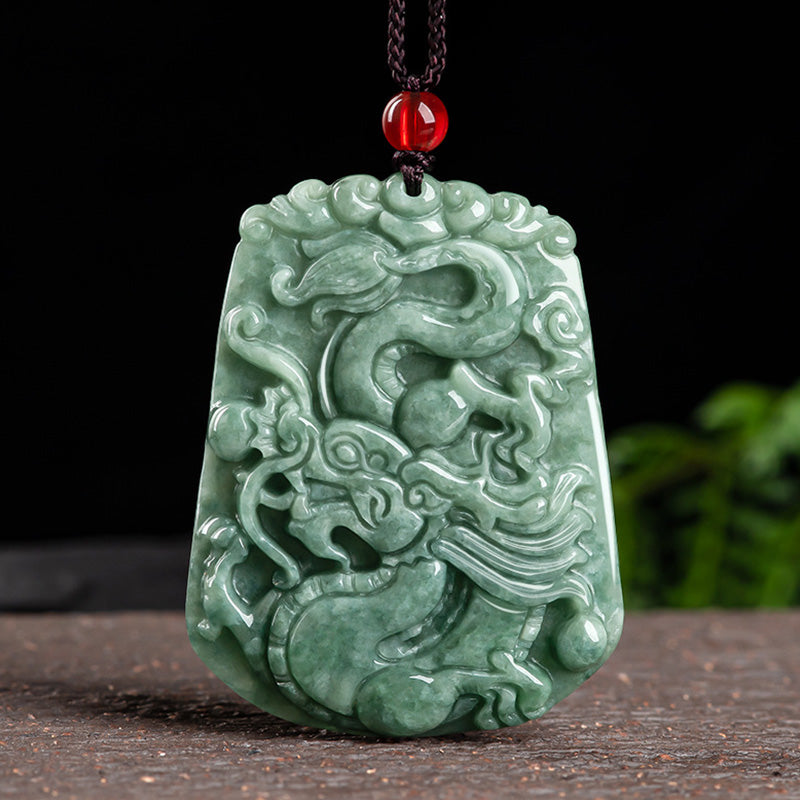 Chinese Zodiac Dragon Jade Strength Necklace - carved mottled green jade dragon plaque on dark cord, protection