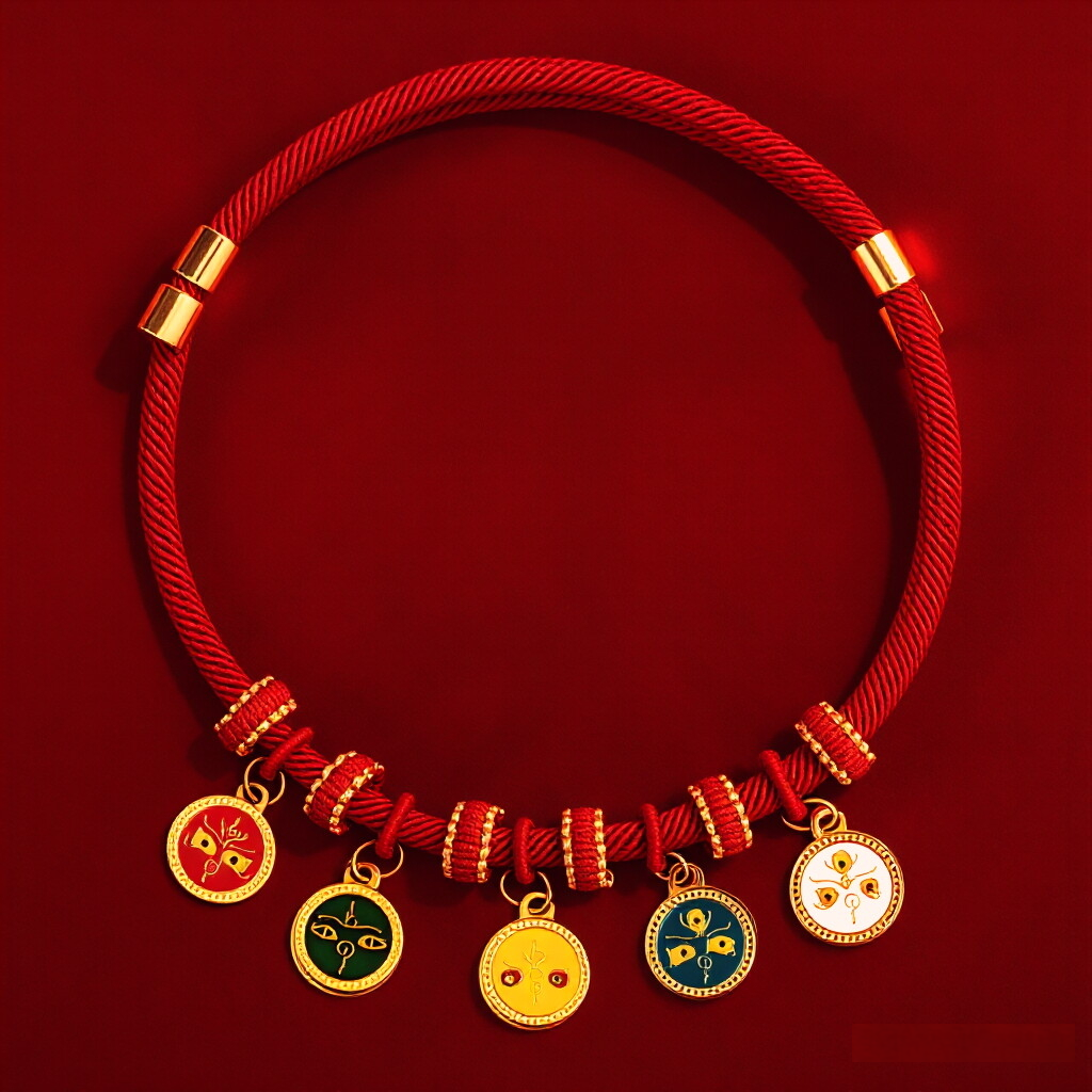 CNY Red Rope Pet Collar - Red cord with five colored evil eye enamel charms, festive feng shui pet necklace