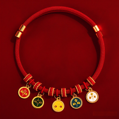 CNY Red Rope Pet Collar - Red cord with five colored evil eye enamel charms, festive feng shui pet necklace
