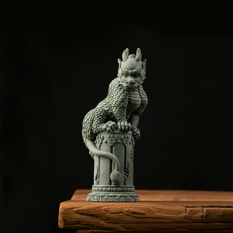 Feng Shui Dragon Sandstone Statue single seated qilin on cylindrical pedestal, wood display, dramatic, strong
