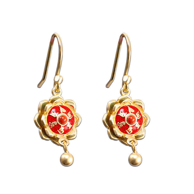 Lotus prayer wheel earrings – matching red agate dangle earrings with gold mantra, enlightened