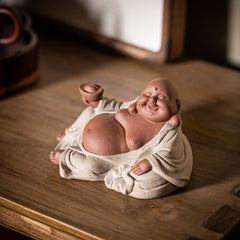 Laughing Buddha Clay Statue – purple clay Maitreya with gold ingots on wooden base, feng shui decor