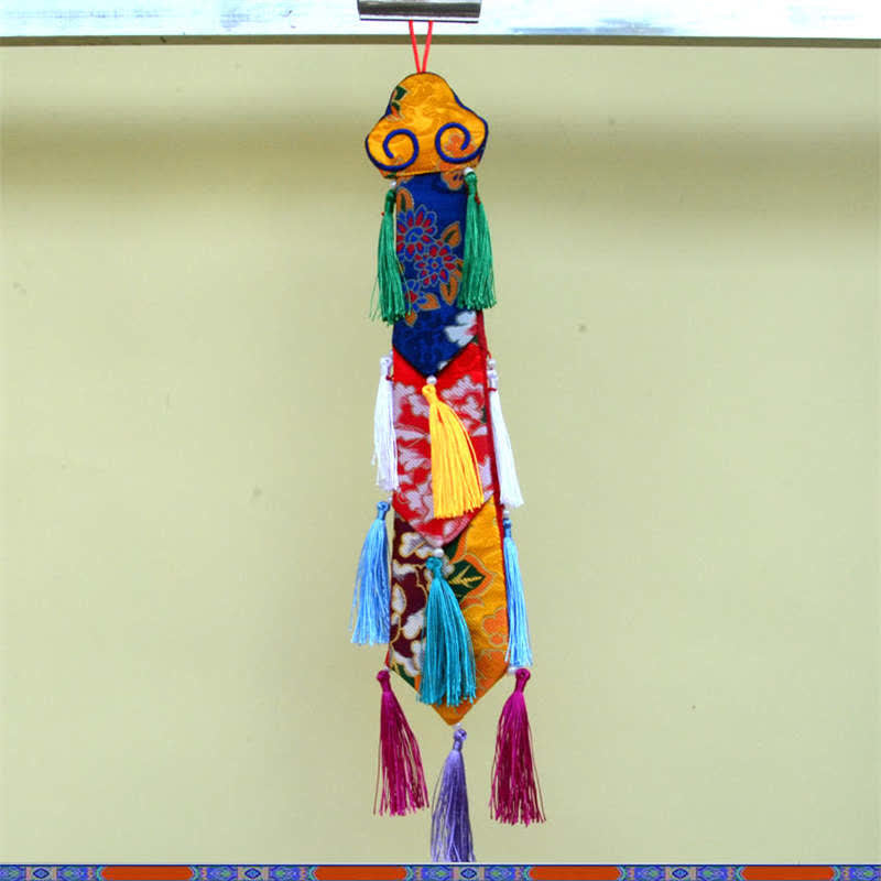 Lotus Auspicious Wall Art – Multi-tiered prayer flag with brocade panels, Mindful living