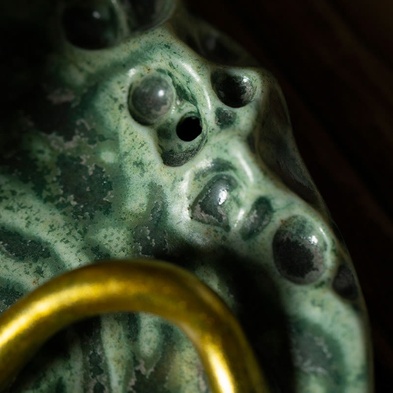 Ceramic Frog Incense Burner – Lotus pod macro with gold ring, Artisan finish