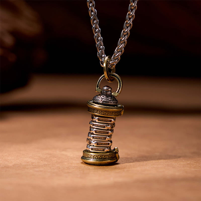 Yin Yang Tower Copper Balance Rotatable Necklace Pendant – Cylindrical stacked pendant on wheat chain, vertical detail view
