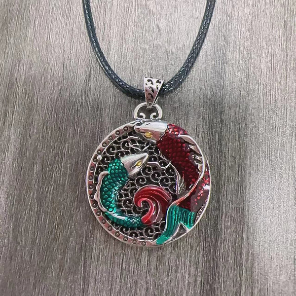 Tibetan Copper Koi Fish Healing Necklace – side angle showing pendant detail, copper finish