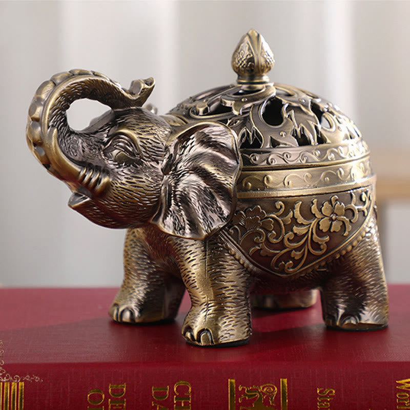 Elephant Alloy Incense Burner – floral engraving on classic book, Blessed
