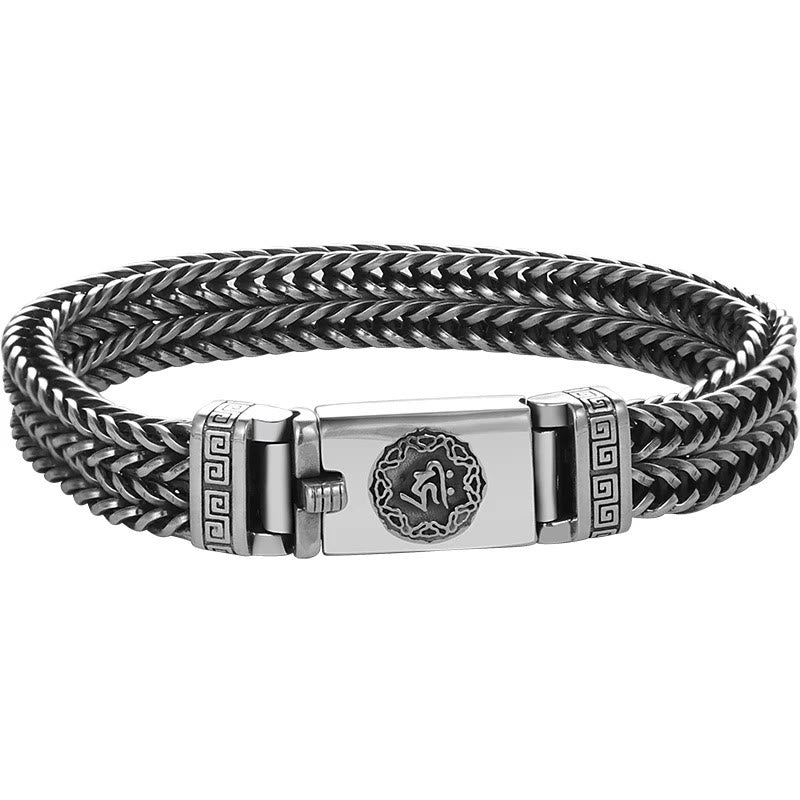 Om Mani Padme Hum Braid Bracelet – White studio shot, Om mantra clasp, men's chain bracelet