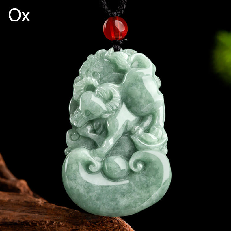 Green Jade Zodiac Necklace - Carved ox zodiac pendant with cloud scroll base, strength symbol