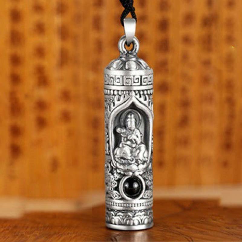 Chinese Zodiac Natal Buddha Projection Necklace – Frontal view with blessing mudra, oxidized silver, fearless protection