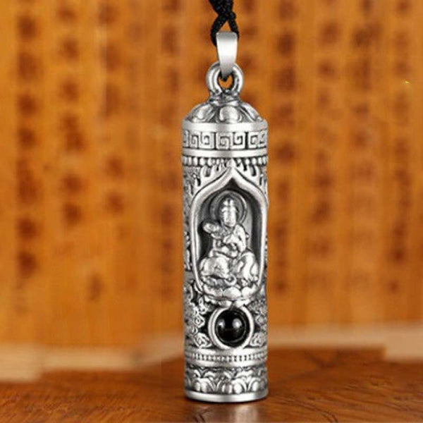 Chinese Zodiac Natal Buddha Projection Necklace – Frontal view with blessing mudra, oxidized silver, fearless protection