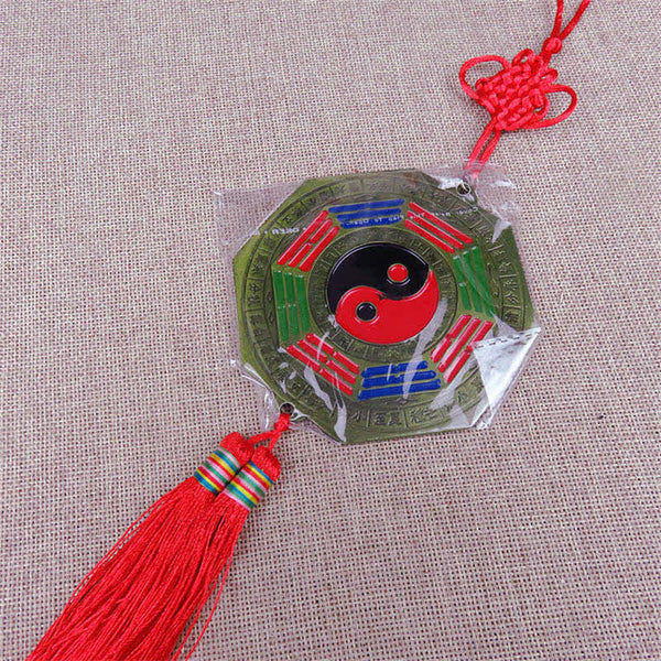 Feng Shui Bagua Map Mirror - Bagua mirror feng shui talisman with yin-yang, red tassel and knot, octagonal trigram design in.