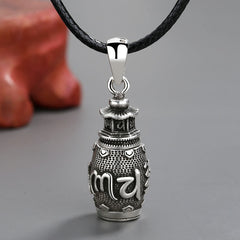 Om Mani Padme Hum Copper Pendant Necklace – Oxidized prayer wheel with mantra on black cord, Tibetan jewelry