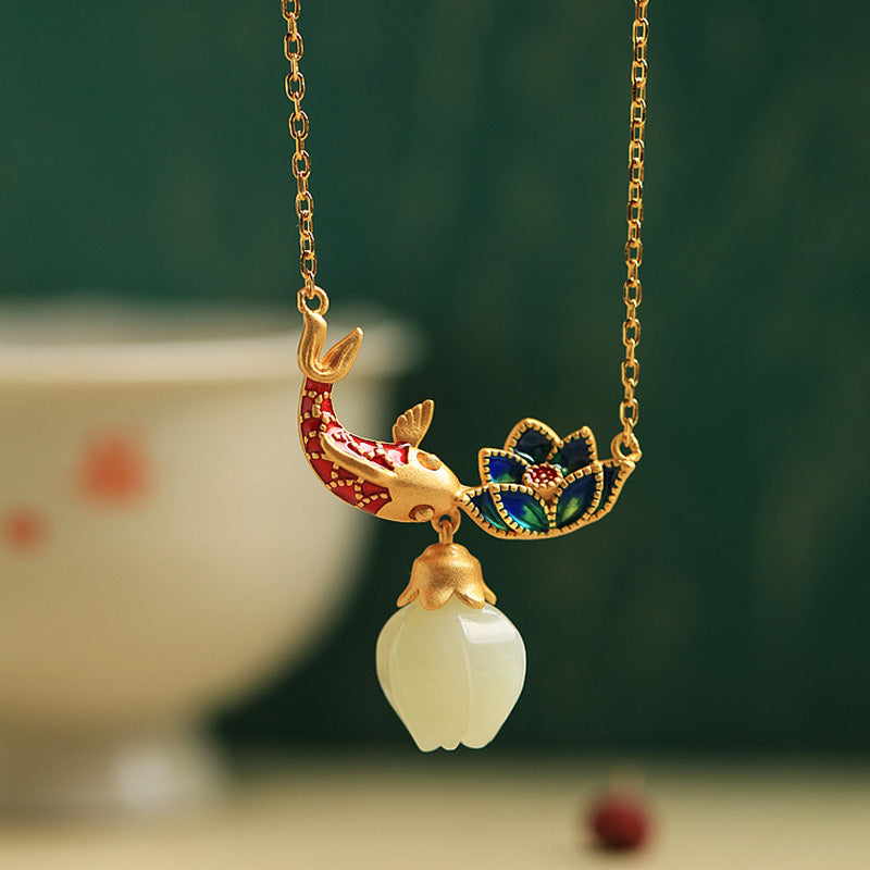 White Jade Koi Fish Necklace – gold koi and lotus pendant with red enamel on green background, jade dangle, luck jewelry