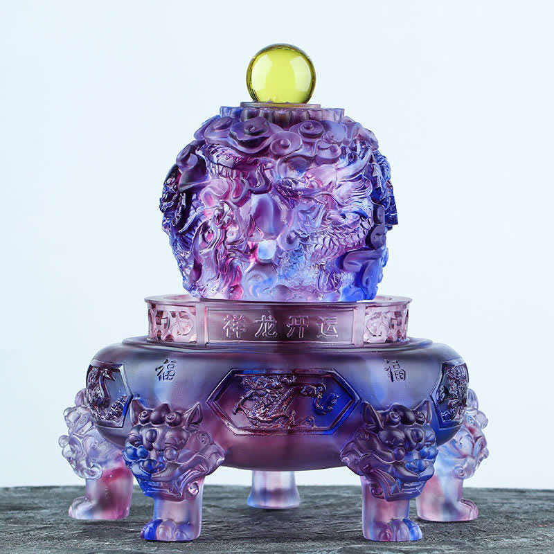 Liuli Rotating Dragon Sphere – Purple-blue crystal orb on ding tripod base with green finial, Fortune