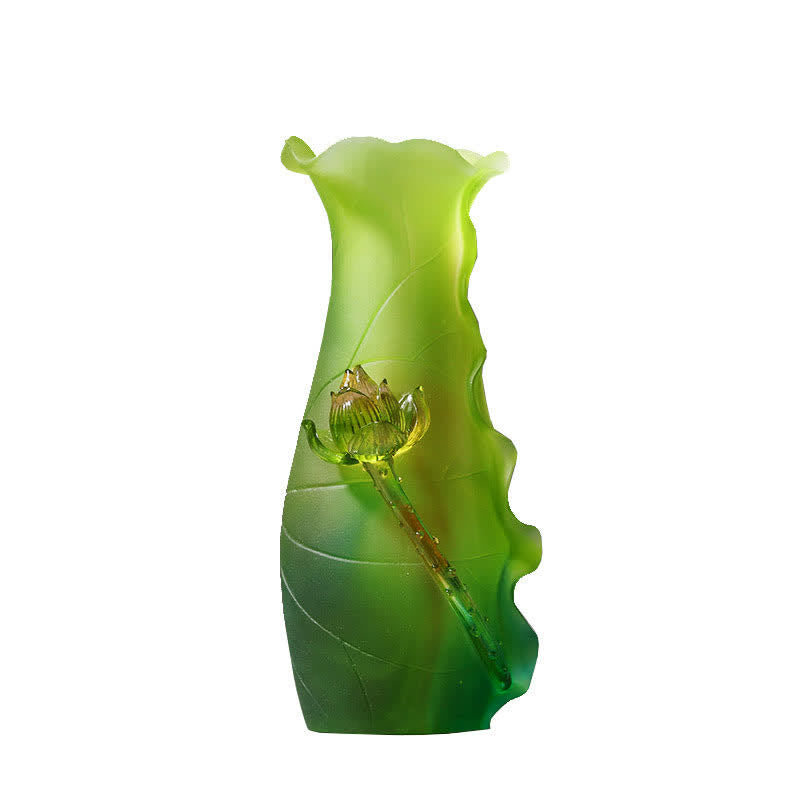 Feng Shui Lotus Liuli Crystal – asymmetrical green art glass vase with amber flower, unique