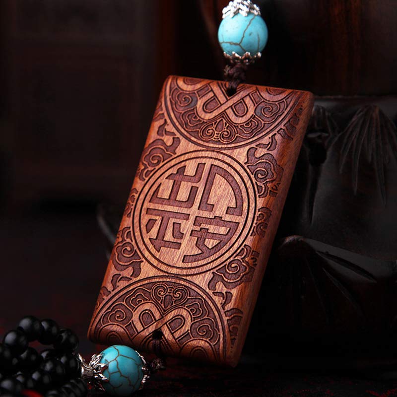 Rosewood Dragon Decoration – carved auspicious characters medallion with endless knot borders, Healing