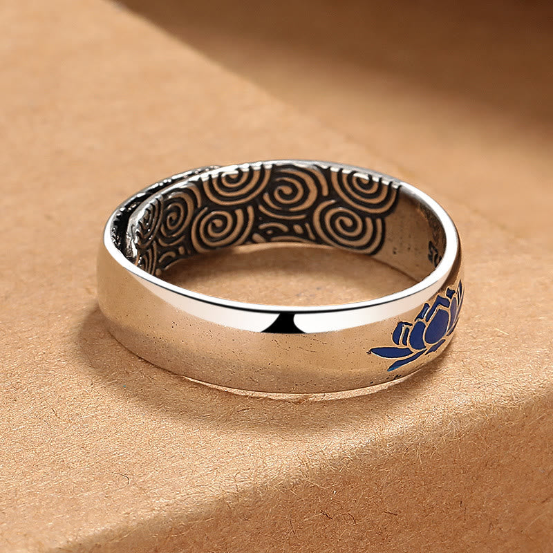 Tibetan Blue Lotus Enlightenment Ring - Tilted perspective showing cobalt blue floral inlay and inner cloud scroll, men ring
