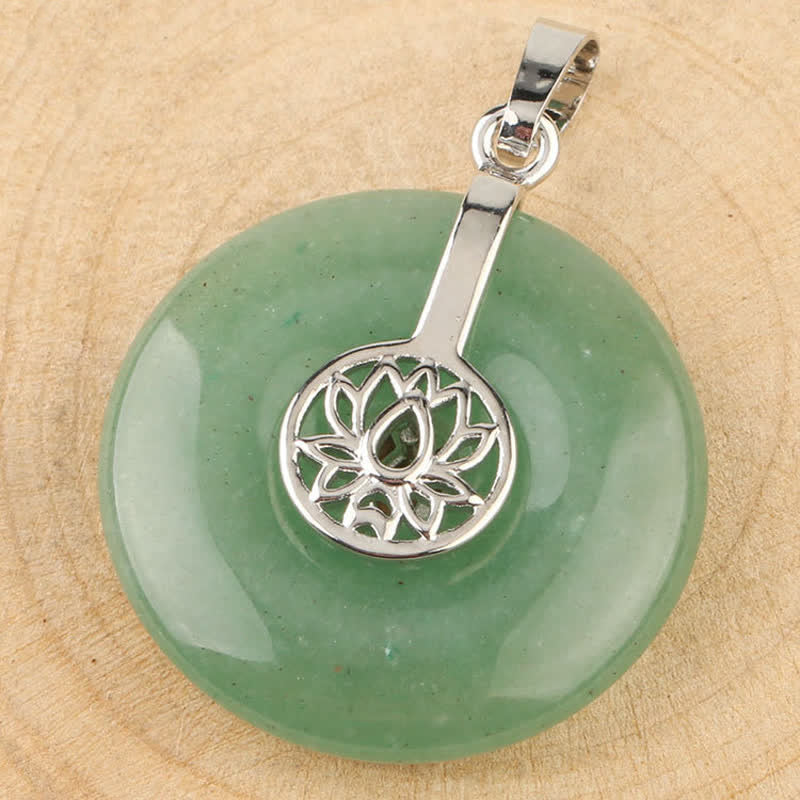 Crystal Amethyst Pink Crystal Lotus Necklace – Tiger eye lotus donut pendant on wood, golden chatoyant bands and silver bail, courage stone
