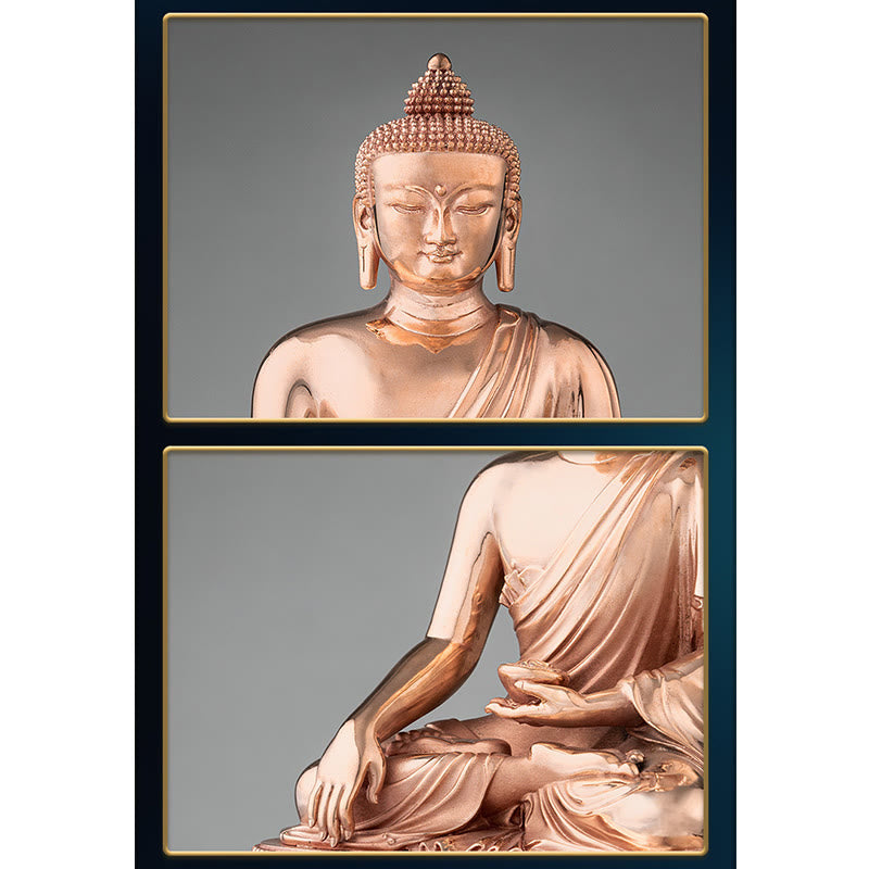 Shakyamuni Copper Statue – on wooden altar with candles and flowers, serenity home shrine arrangement