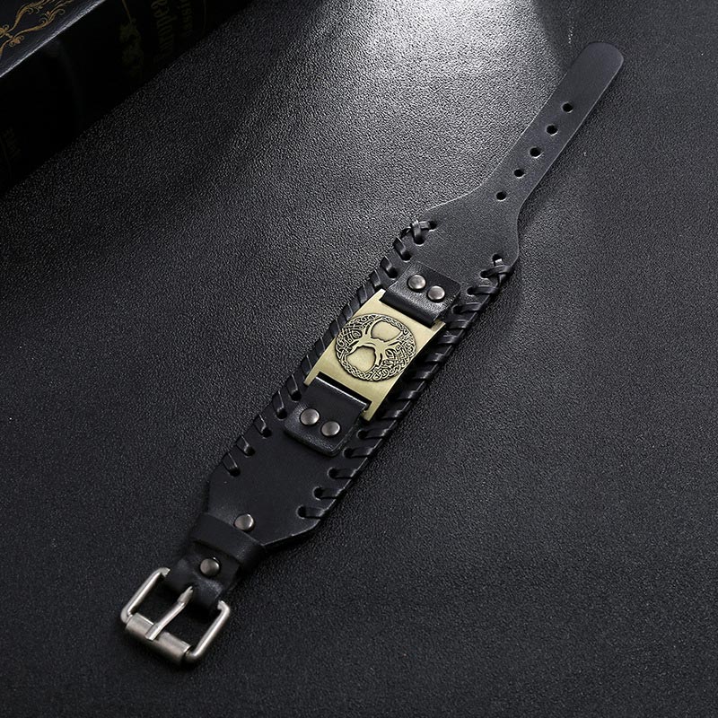 Tree of Life Copper Leather Bracelet – black leather with gold Tree of Life and whipstitch edges, packaging box visible