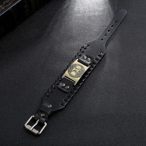 Tree of Life Copper Leather Bracelet – black leather with gold Tree of Life and whipstitch edges, packaging box visible