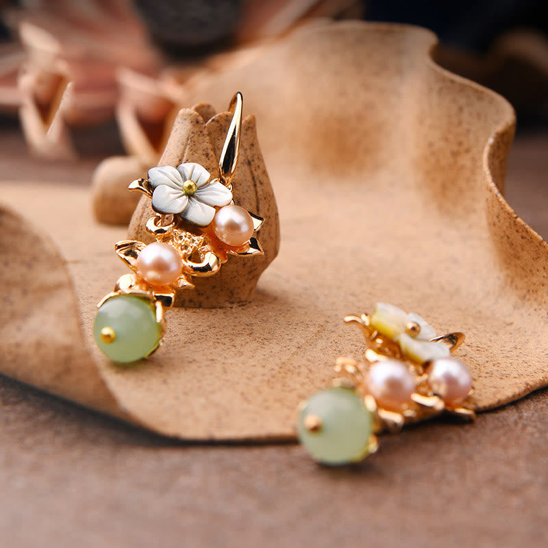 14K Gold Tridacna Pearl Aventurine Drop Earrings – White Tridacna Stone Flower Pearl Red Bead, side view, earring jewelry