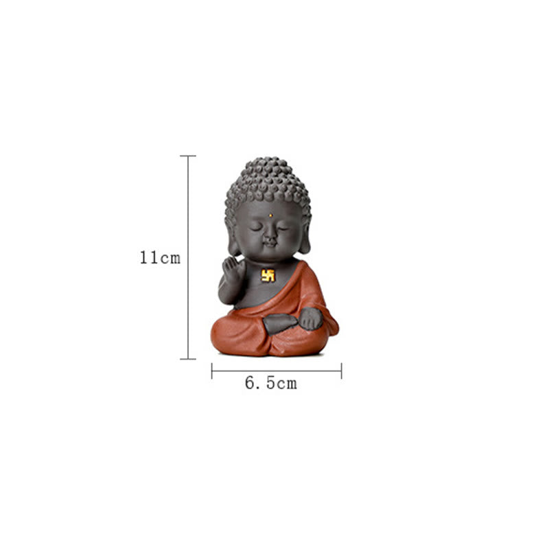 Small Buddha Purple Clay Decoration – frontal white-background with 11x6.5cm dimension overlay, accurate scale reference
