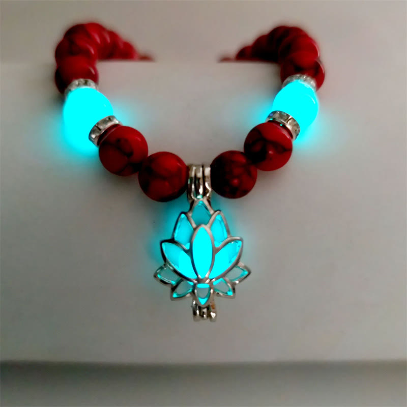Tibetan Turquoise Glowstone Lotus Bracelet – red jasper beads with cyan glowing lotus charm U-shape, red glowstone lotus