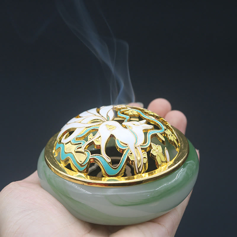 Green Nine-Tailed Fox Incense Burner - Held in hand with smoke rising and deer motif, liuli censer