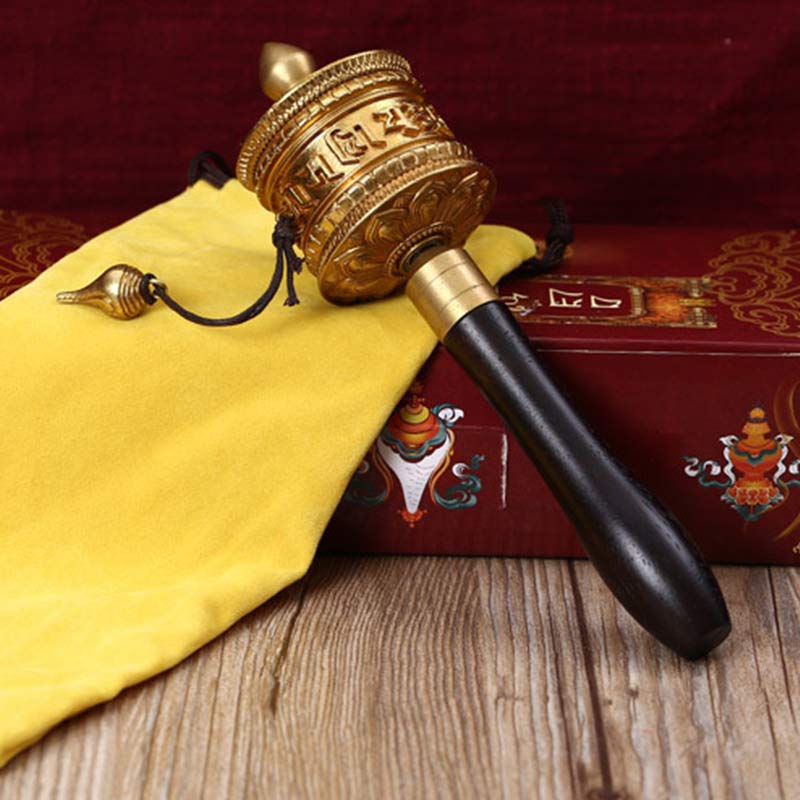 Copper Meditation Prayer Wheel – With yellow silk pouch and ritual box, brass mantra drum
