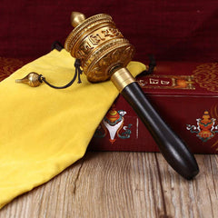 Copper Meditation Prayer Wheel – With yellow silk pouch and ritual box, brass mantra drum